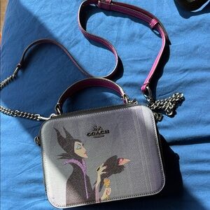 Coach Leather Crossbody with Pink Strap and Gray Illustration